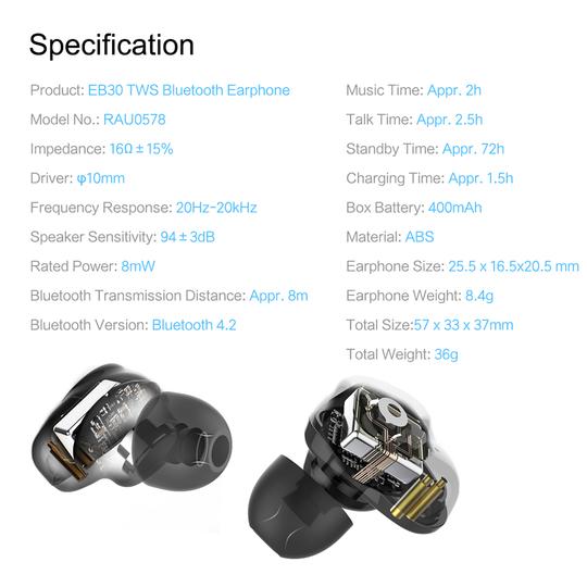 Rockspace EB30 TWS True Wireless Bluetooth Earbuds