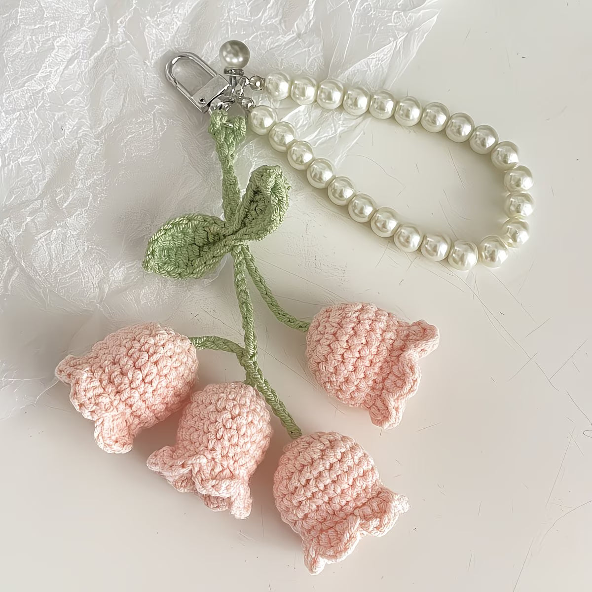 Handmade Knit Crochet Lily of the Valley Flower Keychain