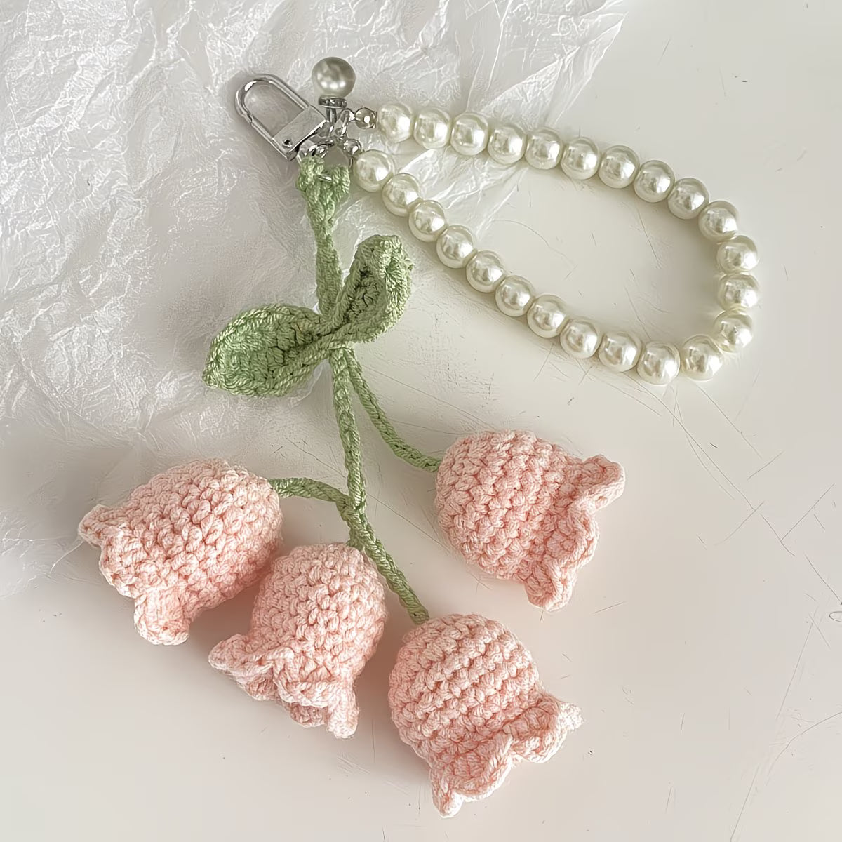 Handmade Knit Crochet Lily of the Valley Flower Keychain