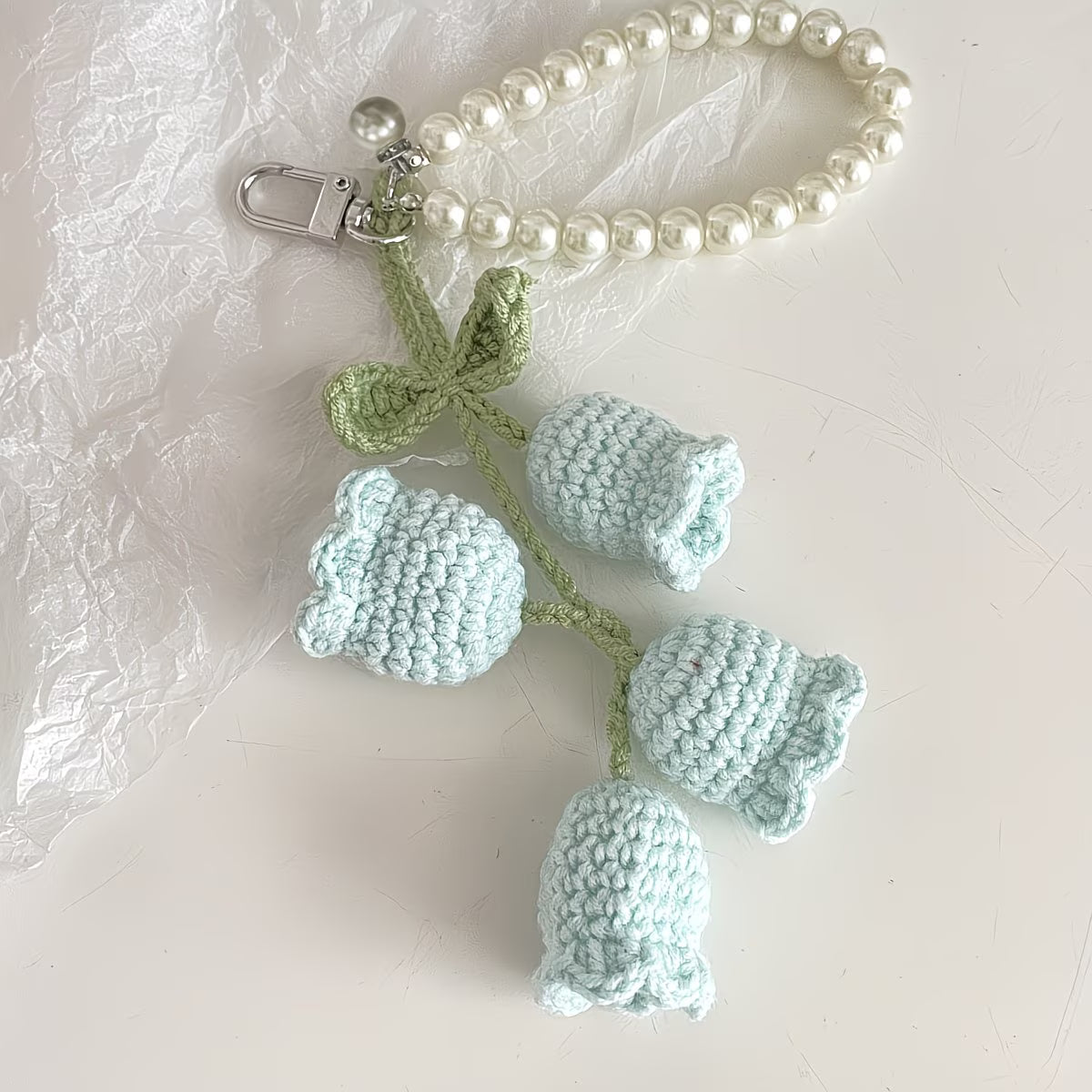 Handmade Knit Crochet Lily of the Valley Flower Keychain