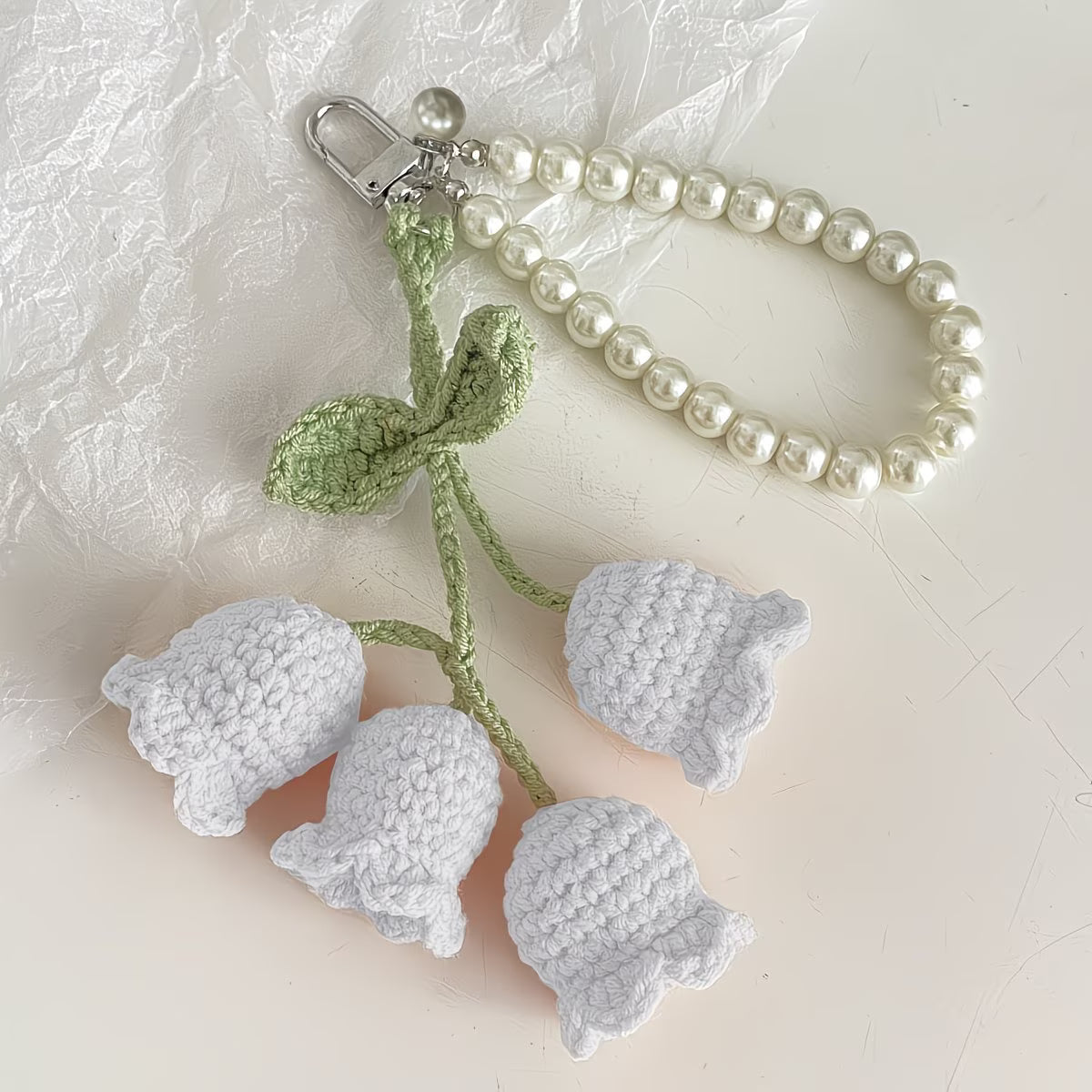 Handmade Knit Crochet Lily of the Valley Flower Keychain