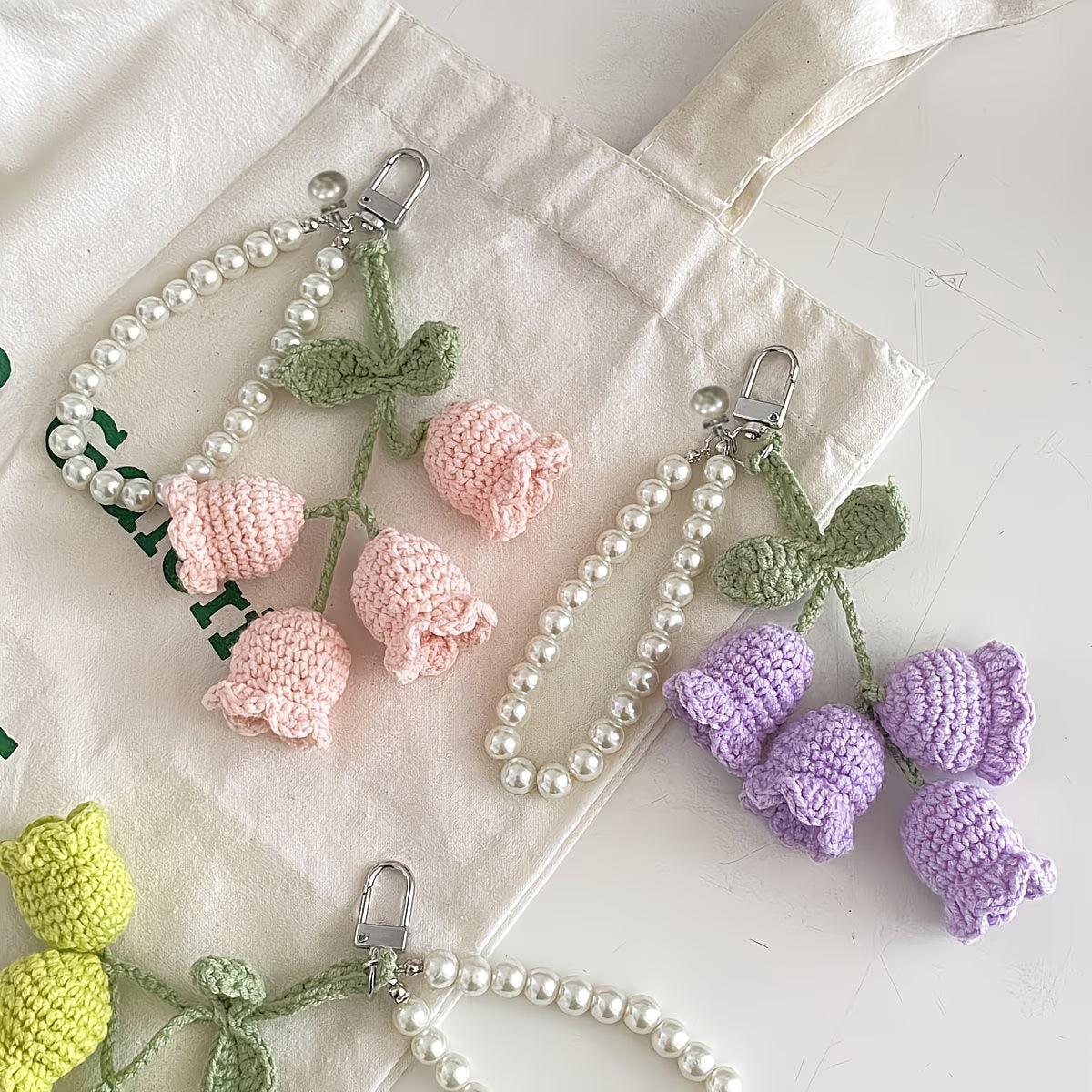 Handmade Knit Crochet Lily of the Valley Flower Keychain