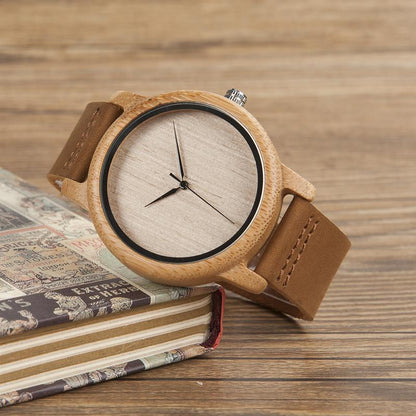 Classic Unisex Bamboo Wooden Watch Leather Strap