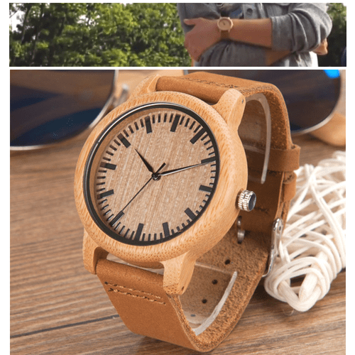 Classic Unisex Bamboo Wooden Watch Leather Strap