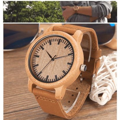 Classic Unisex Bamboo Wooden Watch Leather Strap